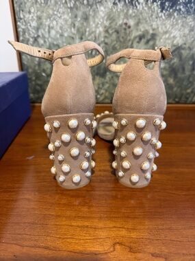 Stuart Weitzman Beige Suede Pearl-Embellished Block Heel Sandals